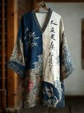 Comstylish Japanese Art Retro Printed Patchwork Design V-neck Dress