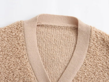 Fall Clothing Teddy Needle Fur Feeling V Neck Knitted Cardigan Coat