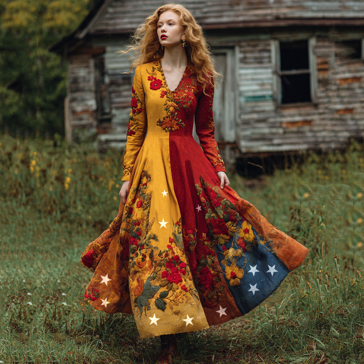 Women's Venezuelan Floral Contrast V-neck Midi Dress elevenforest