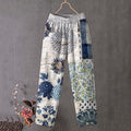 Comstylish Japanese Flower Art Print Linen Blend Pocket Pants