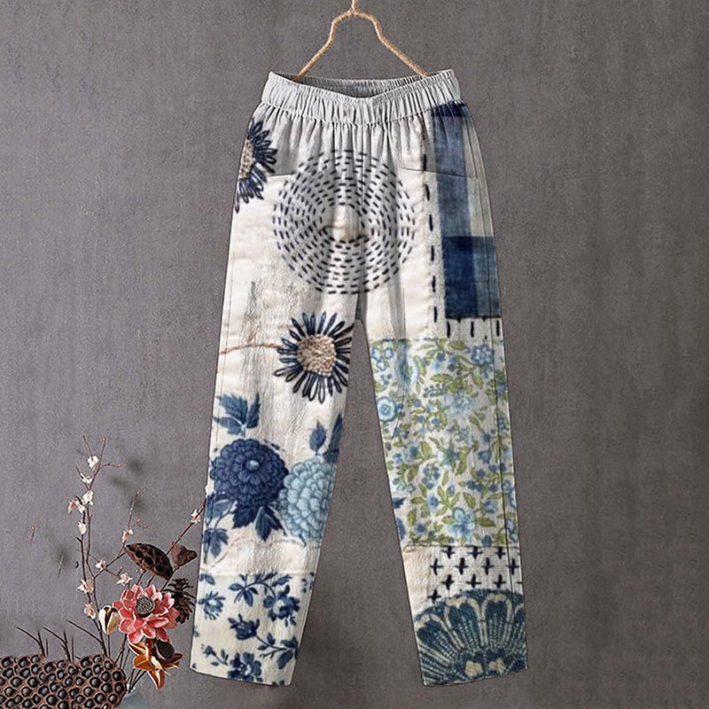 Japanese Flower Art Print Linen Blend Pocket Pants elevenforest