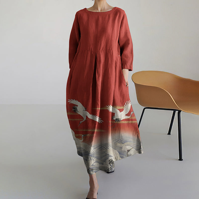 Women Japanese Art Crane Pattern Linen Blend Maxi Dress elevenforest
