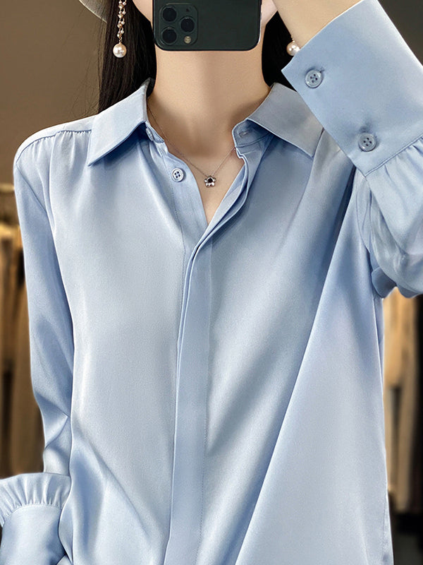 Long Sleeves Loose Buttoned Pleated Color Lapel Blouses&shirts Tops