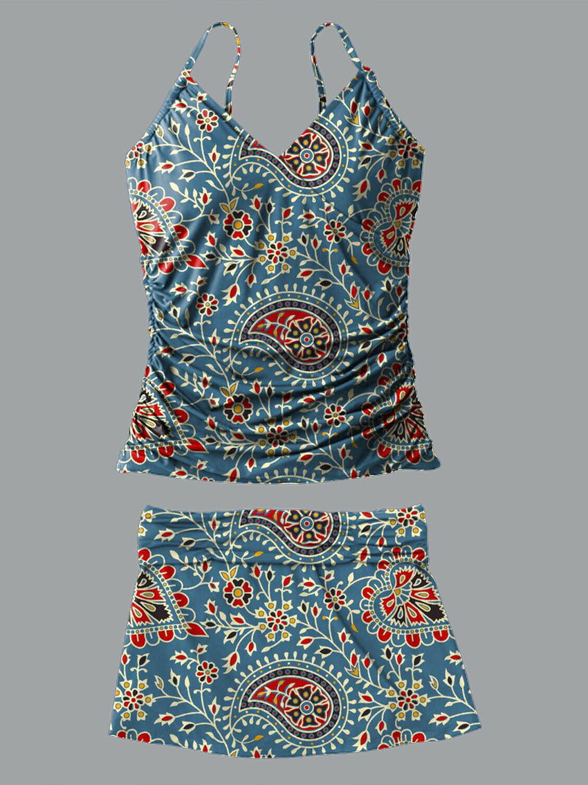 V-Neck Vintage Paisley Cashew Flower Print Suspender Skirt Tankini Pantskirt Set Swimsuit