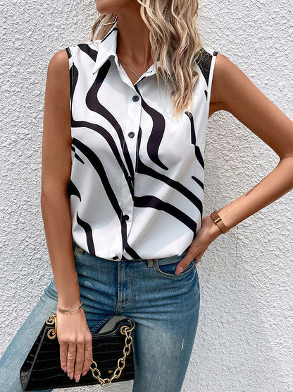 Loose Sleeveless Buttoned Printed Lapel Blouses&shirts Tops
