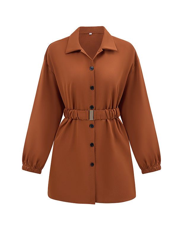 Loose Belted Color Lapel Blouses&shirts Tops Shirts Tops