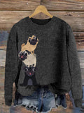 Comstylish Cute Pug Embroidery Art Women's Cozy Sweater