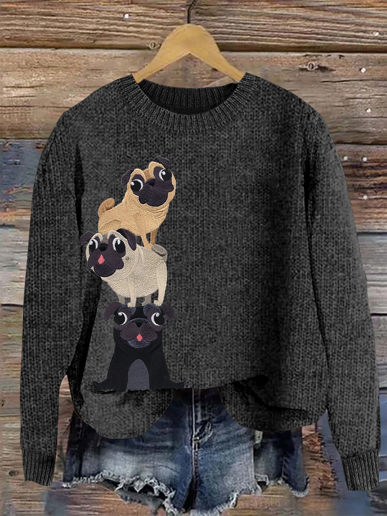 Comstylish Cute Pug Embroidery Art Women's Cozy Sweater