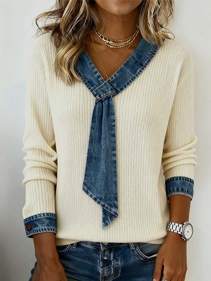 Women'S Casual Contrast Color Stitching Pullover Sweatshirt 