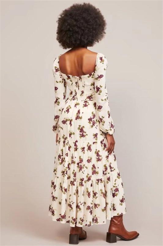 Printed Long Sleeve Square Collar Midi Dress