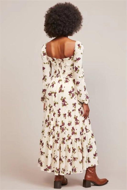 Printed Long Sleeve Square Collar Midi Dress