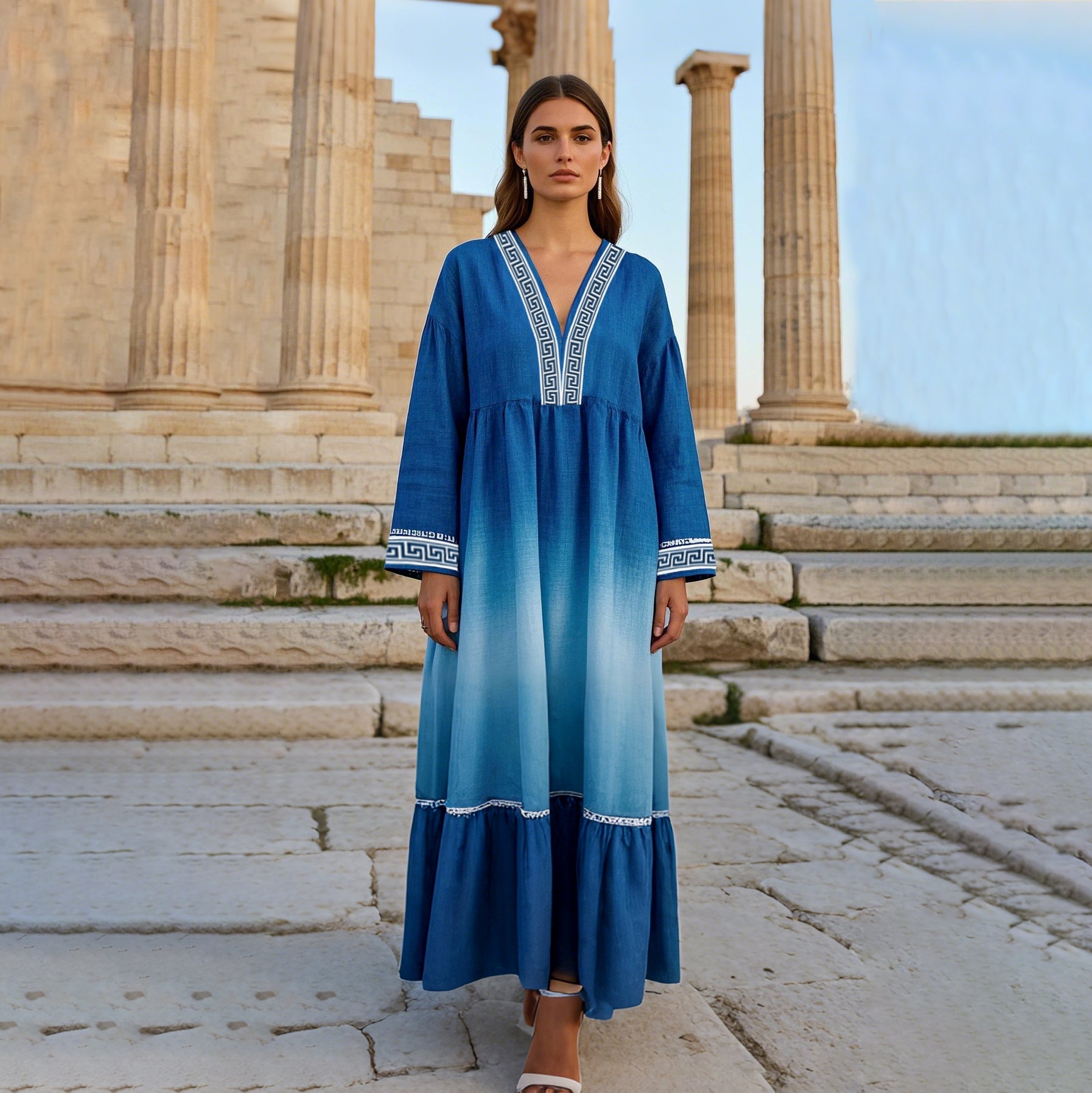Gradient Greek Key V Neck Linen Blend Mixi Dress elevenforest