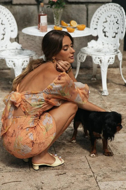 Lantern Sleeve Backless Lace Up Smocked Elastic Mini Dress