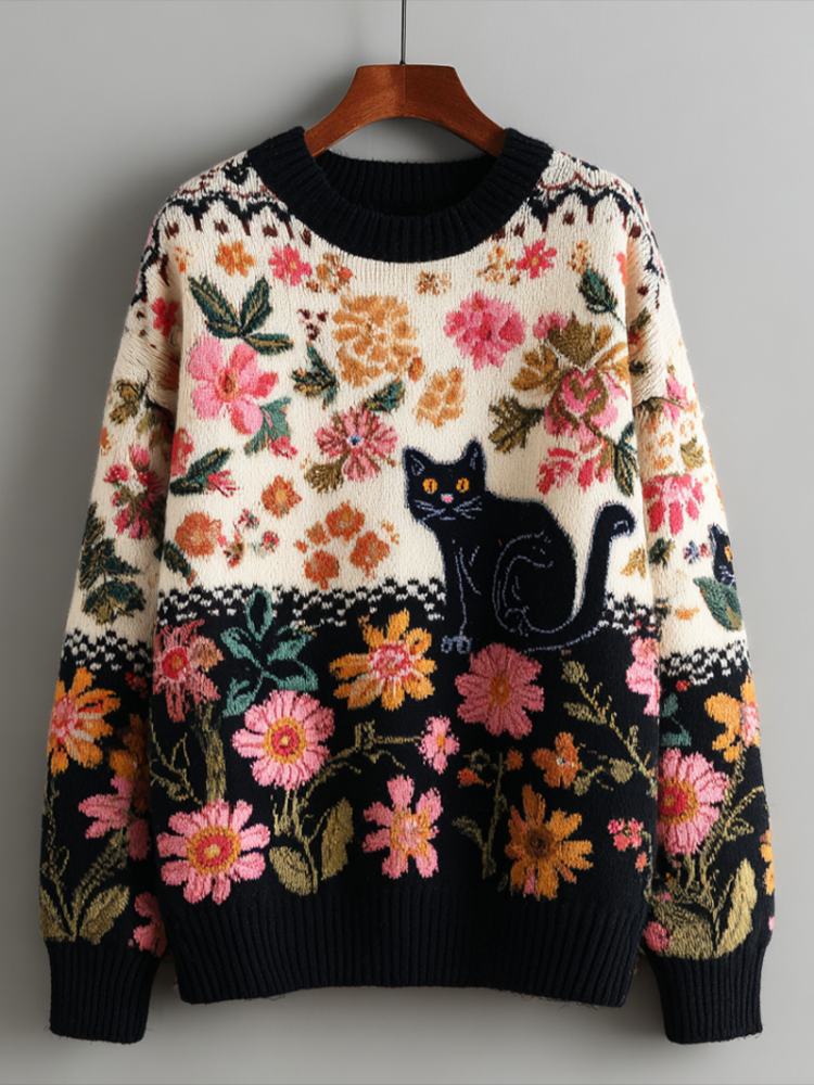 Comstylish Bohemian Style Plant Flower And Cat Pattern Round Neck Sweater