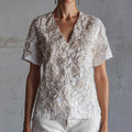 Boho White Rose Texture V Neck Vintage Linen Shirt elevenforest