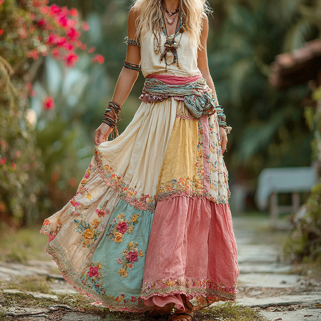 Women's Vintage Bohemian Floral Embroidery Skirt elevenforest