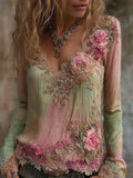 Vintage Pink Flowers Glitter Lace Gradient Flowy Linen Tunic elevenforest
