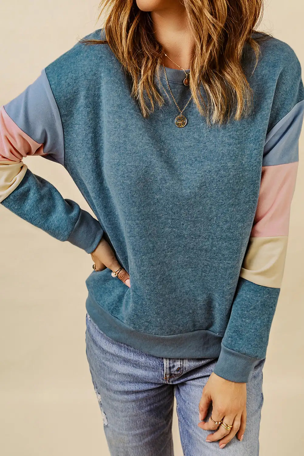 Fresh Blue Colorblock Pullover Sweatshirt