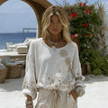 Women's Floral Embroidered Linen Crew Neck T-shirt elevenforest