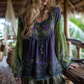 Women's Vacation Boho Tribal Ethnic Print Round-neck Linen Blend Tops elevenforest