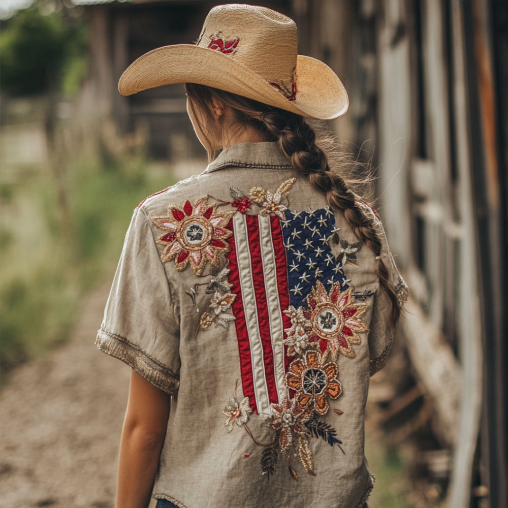 Embroidered Short-sleeved Lapel Shirt With Flowers Surrounding The National Flag Pattern elevenforest
