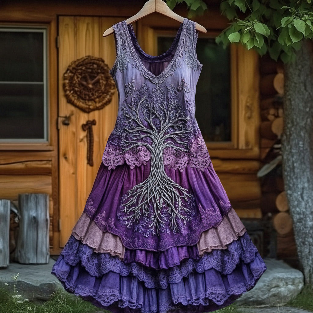 Vintage Life Of Tree Tribal Lace Patchwork Art Comfy Tank Dress elevenforest