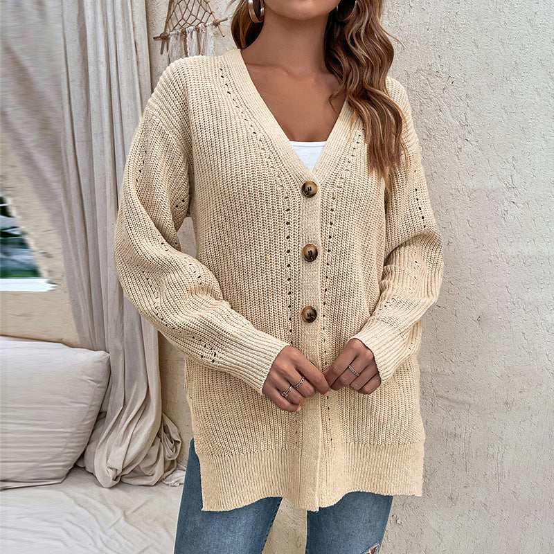 Autumn Winter Hollow Out Cutout Cardigan Sweater Button Slit Knit Sweater Coat