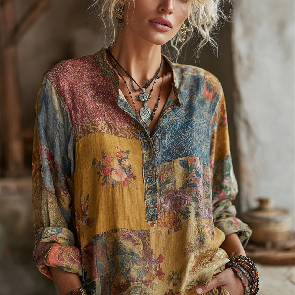 Bohemian Floral Embroidery Vintage Patchwork Vintage Style V-neck Long-sleeved Top elevenforest