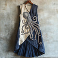 Vintage Ocean Octopus Patchwork Art Linen Blend Tank Dress elevenforest