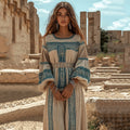 Retro Greek Key Crew Neck Linen Blend Maxi Dress elevenforest