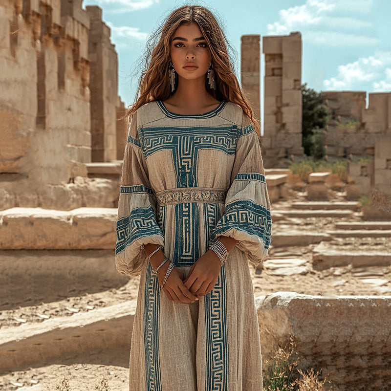Retro Greek Key Crew Neck Linen Blend Maxi Dress elevenforest