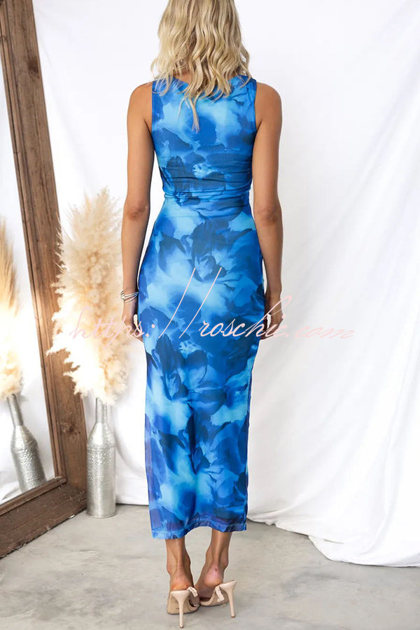 Baha Mesh Overlay Print Ruched Tank Stretch Maxi Dress