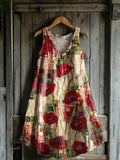Women's Poppy Flowers Art Pattern Print V-neck Pocket Cotton Dress