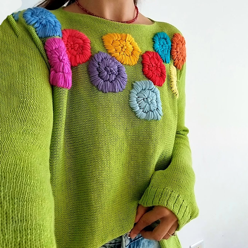 Women's Colorful Floral Relief Art Knitting Patterns Art Cozy Sweater elevenforest