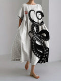 Octopus Tentacles Sea Waves Pattern Linen Blend Maxi Dress