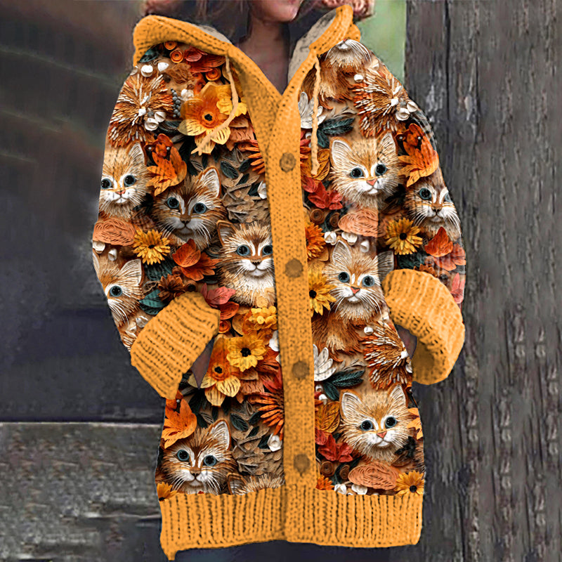 Retro Floral Kittens Fall Graphic Arts Cozy Hooded Knit Sweater artswardrobe