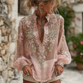 Women's Pink Floral Embroidered Art V-neck Blouse elevenforest