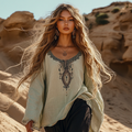 Retro Bohemian Art Holiday Print Cotton And Linen Blend Loose Blouse elevenforest