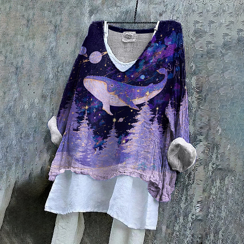 Vintage Fantasy Whale In Forest Dreamy Art Pattern Linen Blend Tunic elevenforest
