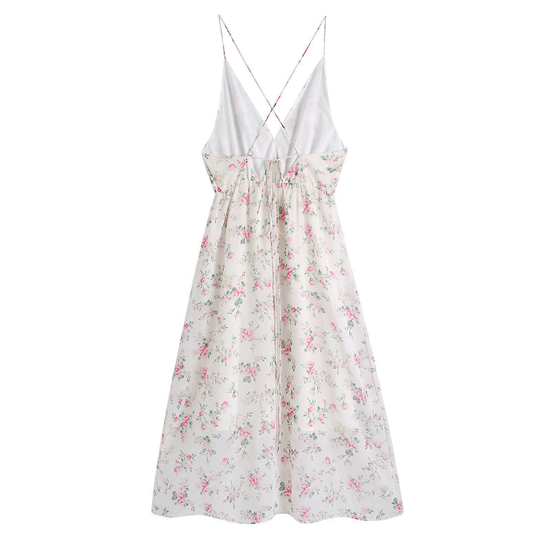 Early Spring Printed Backless V Neck Strap Dress – Print Open Back Sleeveless Mini Dress