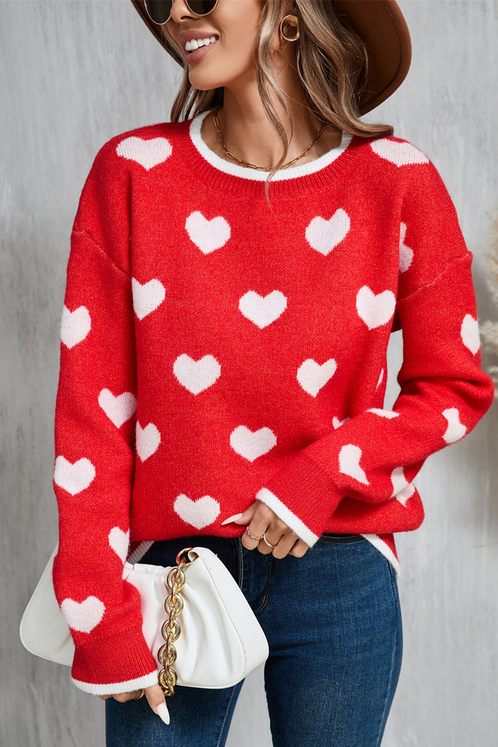 Lilli® | Round neck sweater with contrast trim and heart pattern