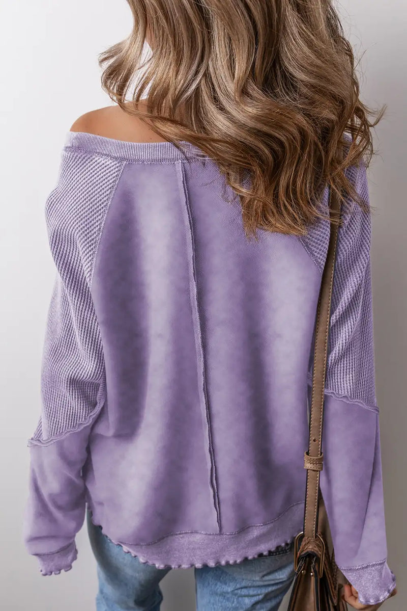 Orchid Petal Waffle Knit Patchwork Sweatshirt