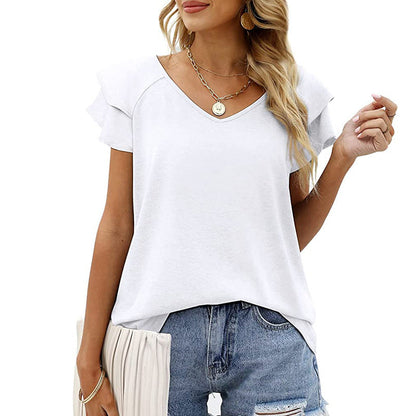 Tunics Double Layer Ruffle Short Sleeve Pullovers V-neck Slim Knit Shirts Loose Ol Commuter Blouse Tops