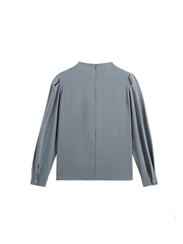 Loose Puff Sleeves Pleated Split-joint High Neck Blouses&shirts Tops
