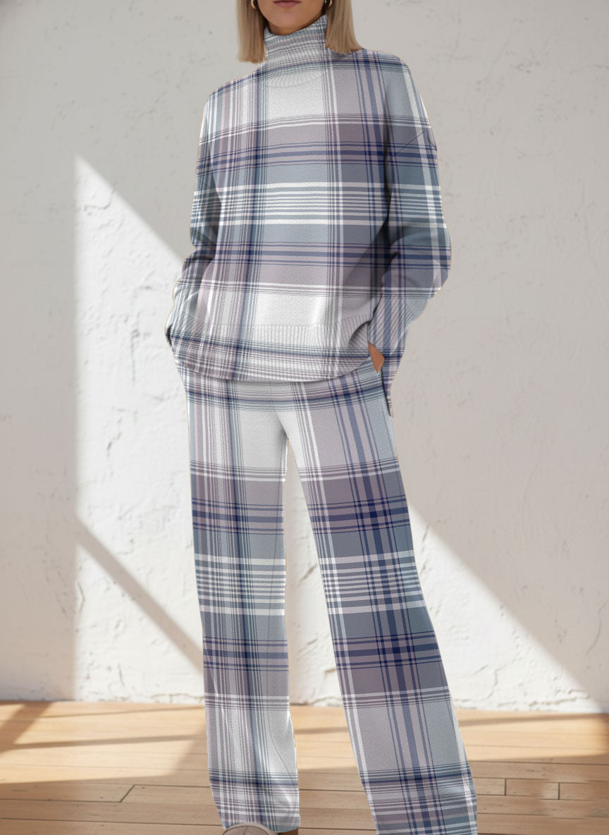 Geometric Grid Decorative Pattern Casual Stand Collar Long Sleeve Top And Casual Long Pants