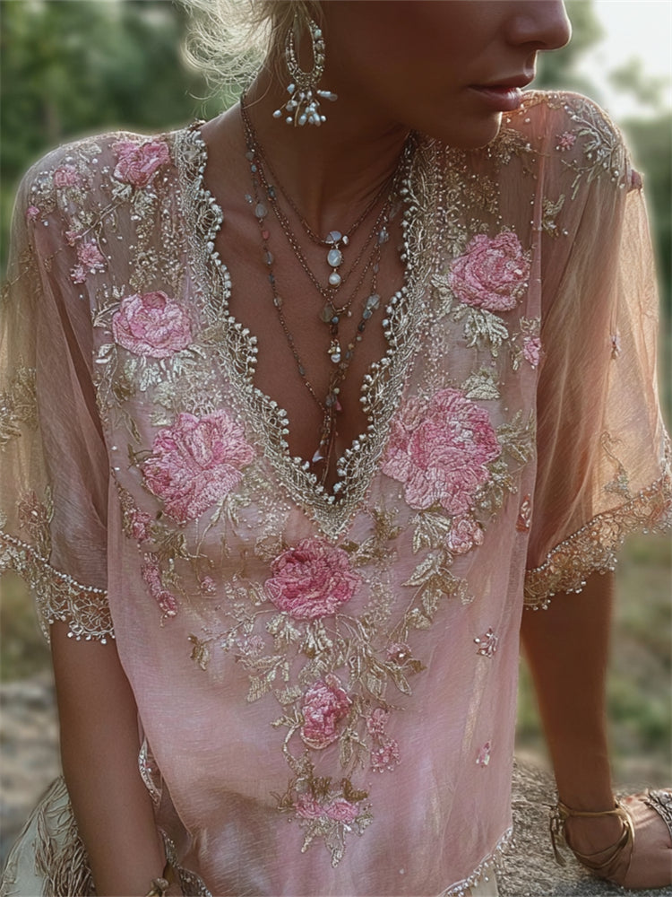 Vintage Boho Glitter Floral Lace Flowy Linen Tunic elevenforest