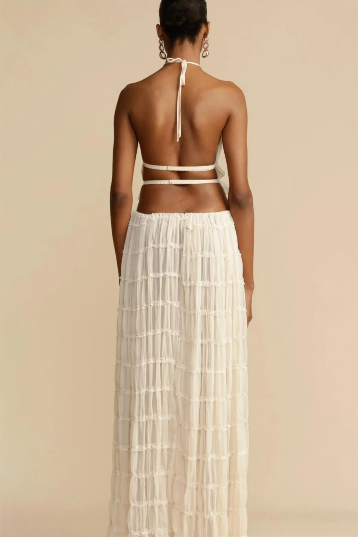 Smocking Halter Neck Backless Top ?mid Waist Maxi Skirt Set