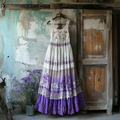 Boho Gradient Lavender Embroidered Pattern Lace Linen Dress elevenforest