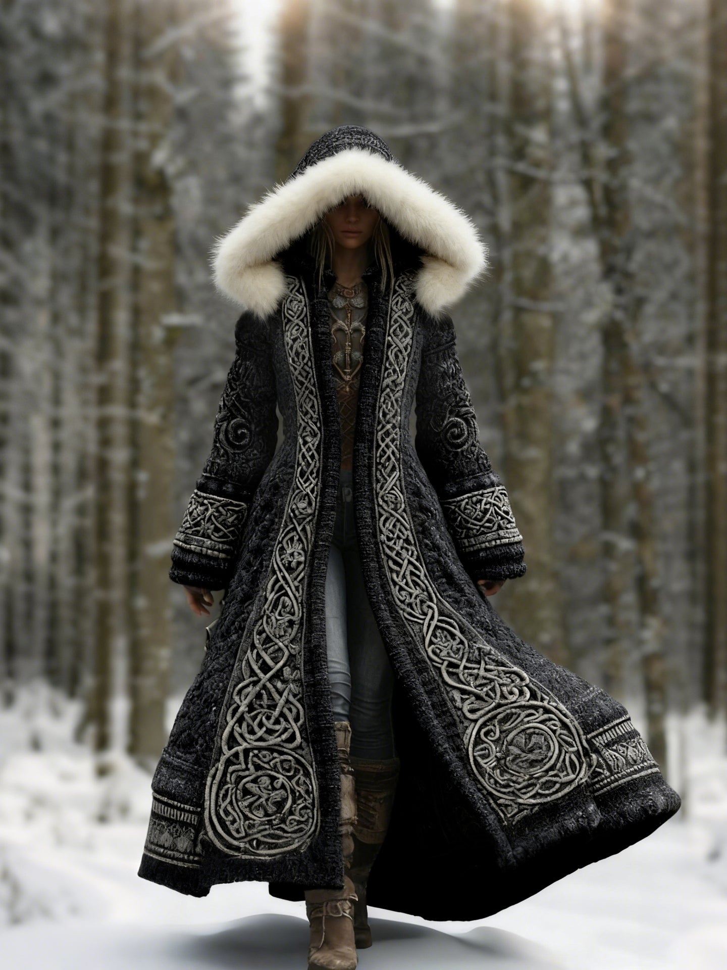 Comstylish Women's Viking Celtic Knot Knitted Jacquard Cozy Fur Trim Hooded Cardigan
