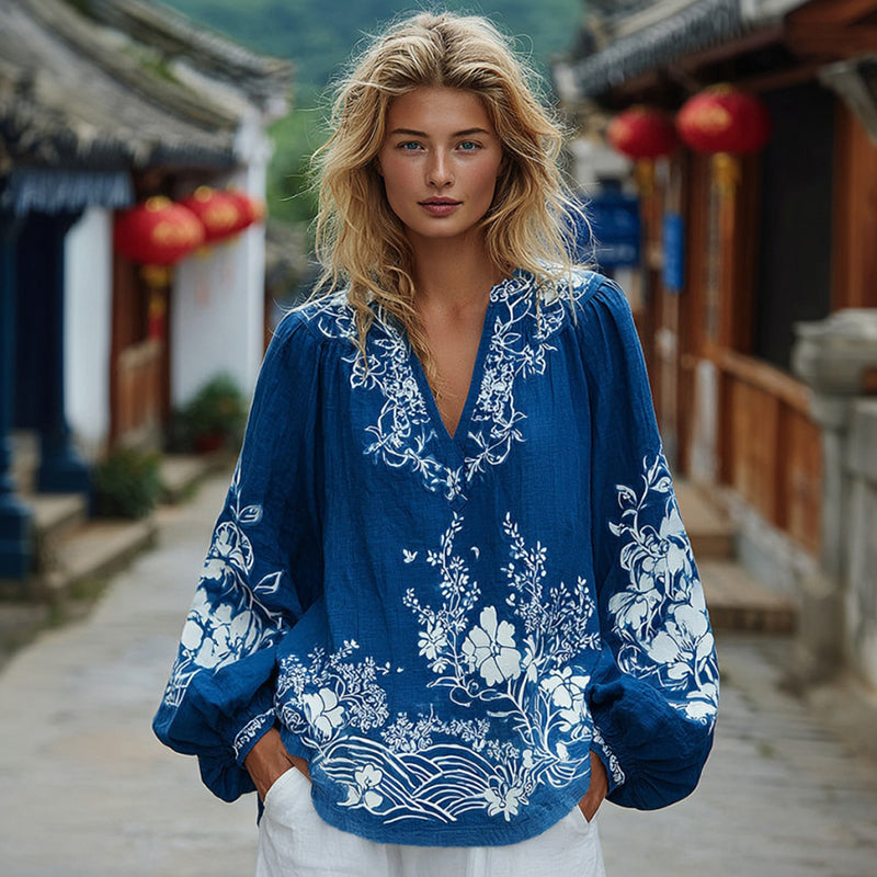 Women's Floral Pattern Linen V-neck T-shirt elevenforest